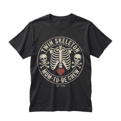 Cute Twins Halloween Maternity Pregnancy Announcement Skeleton Graphic Top for Pregnant Women Unisex TShirt
