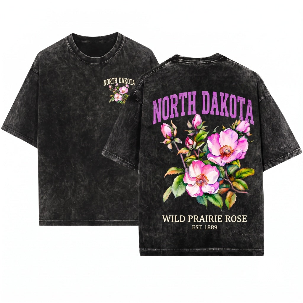 North Dakota State Wild Prairie Rose Floral Crewneck Graphic Top Unisex Wash T-Shirt