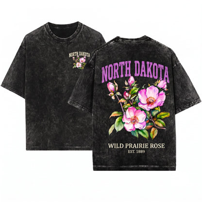 North Dakota State Wild Prairie Rose Floral Crewneck Graphic Top Unisex Wash T-Shirt