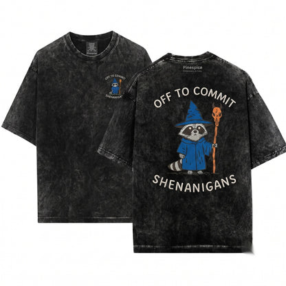 Off To Commit Shenanigans Raccoon Wizard Embroidered Funny Fantasy Ren Faire Unisex Wash T-Shirt