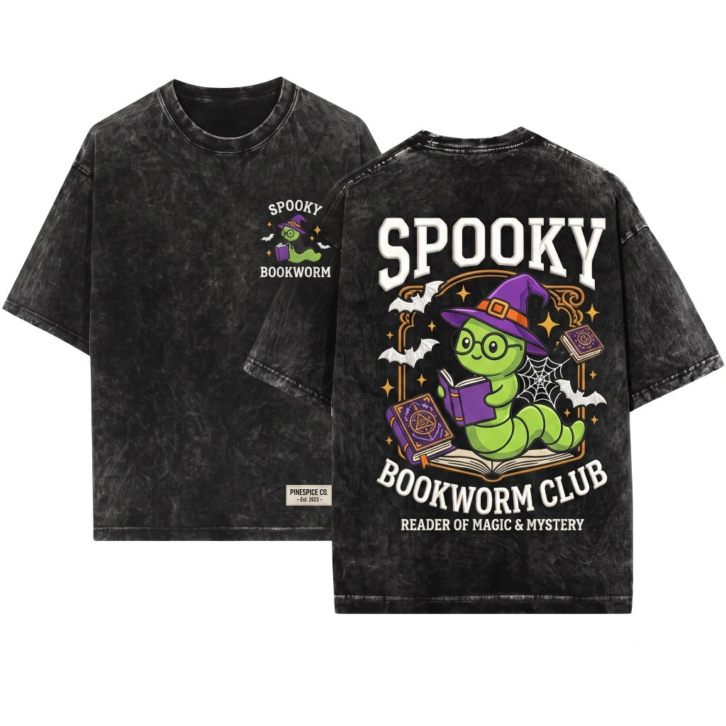 Spooky Bookworm Embroidered Halloween Reader Unisex Wash T-Shirt