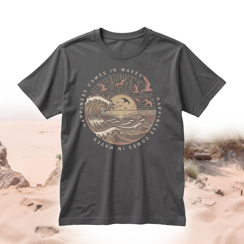 Happiness Comes In Waves Vintage Inspired Beachy Graphic Retro Ocean Unisex TShirt
