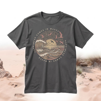 Happiness Comes In Waves Vintage Inspired Beachy Graphic Retro Ocean Unisex TShirt