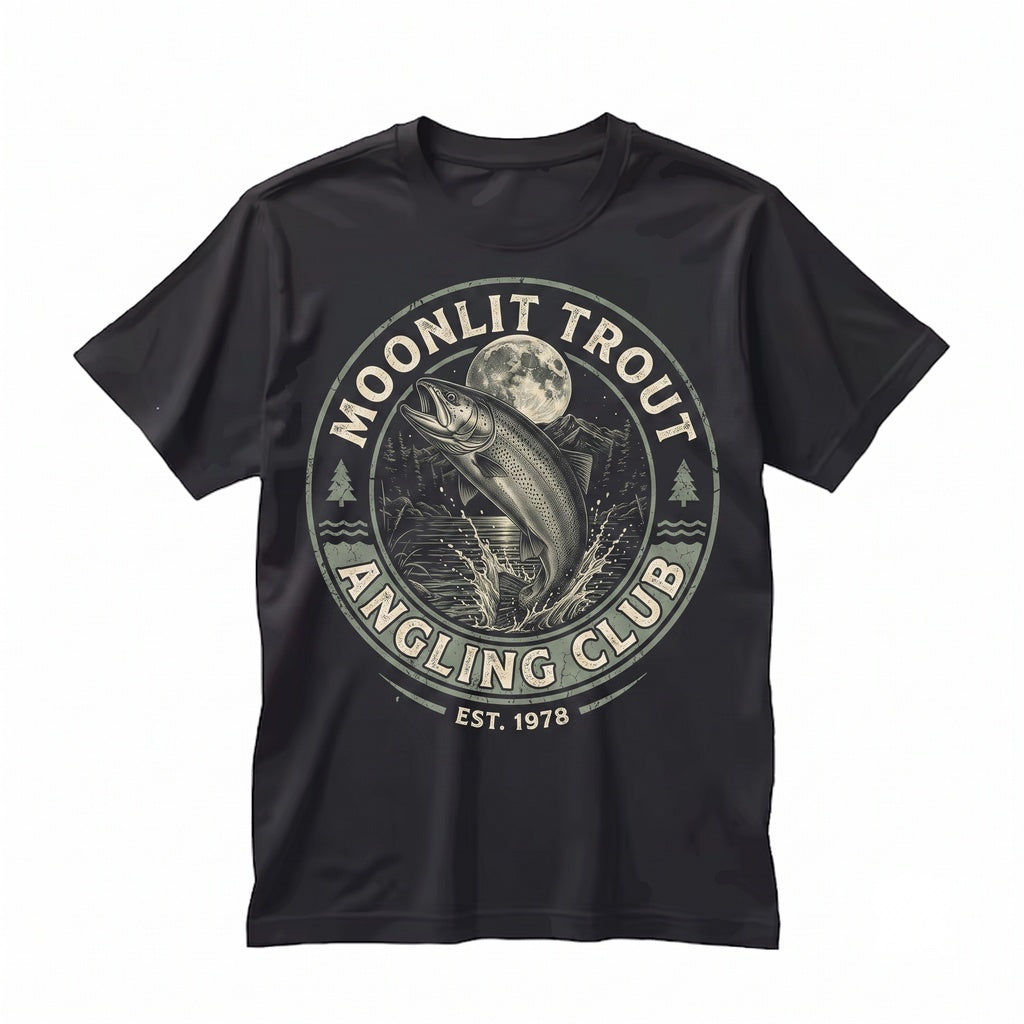 Rainbow Trout Moonlit Lake Graphic 90s Fisherman Gift Outdoor Adventure Unisex TShirt