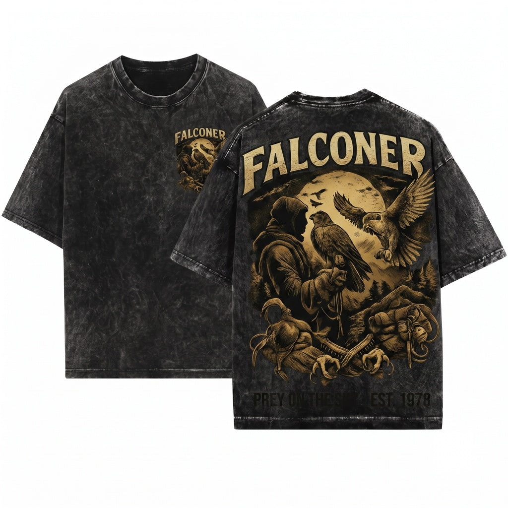 Mystical Falconer Bird of Prey Faux Gold Print Fantasy Raptor Falconry Art Gothic Nature Lover Gift Unisex Wash T-Shirt