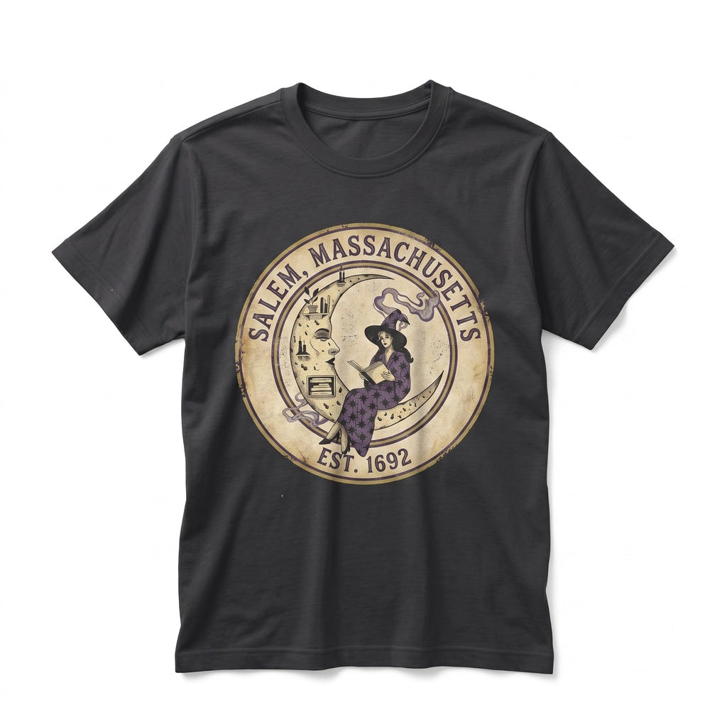 Salem 1692 Witch Reading Moon Celestial Gothic Halloween Apparel Unisex TShirt