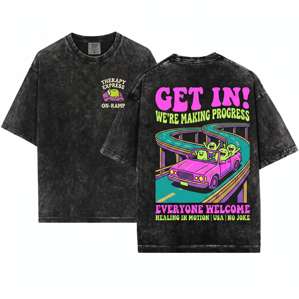 Get In Were Going To Therapy Frog Funny Embroidered Cute Mental Health Meme Chaotic Unisex Wash T-Shirt