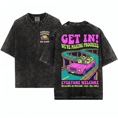 Get In Were Going To Therapy Frog Funny Embroidered Cute Mental Health Meme Chaotic Unisex Wash T-Shirt