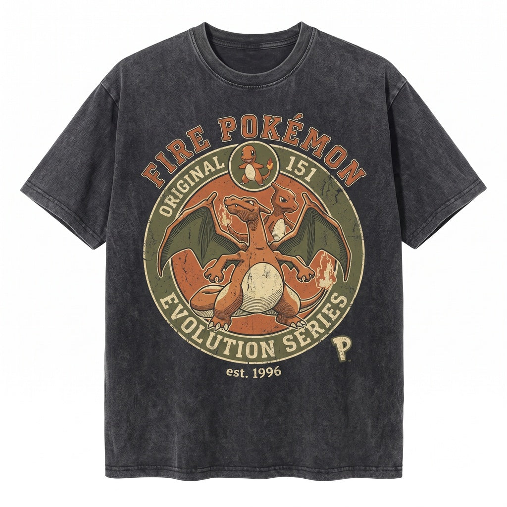 Flame Lizard Monster Evolution Double Sided Japanese Vintage Washed Retro Graphic Gaming Top Gift Unisex TShirt