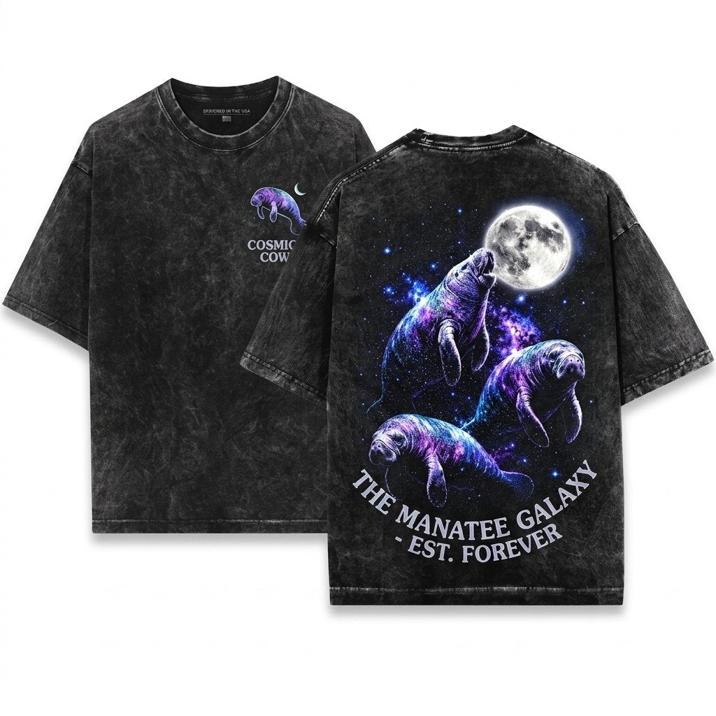 Space Manatees Vintage Howling Moon Graphic Save Florida Sea Cow 90s Retro Unisex Wash T-Shirt