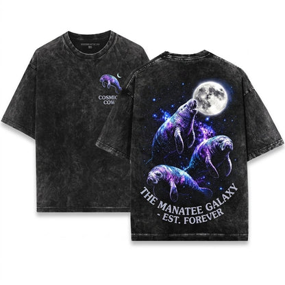 Space Manatees Vintage Howling Moon Graphic Save Florida Sea Cow 90s Retro Unisex Wash T-Shirt
