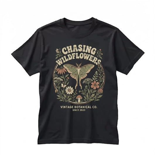 Chasing Wildflowers Cottagecore Moth Floral Vintage Boho Nature Lover Botanical Earthy Garden Gift for Her Unisex TShirt