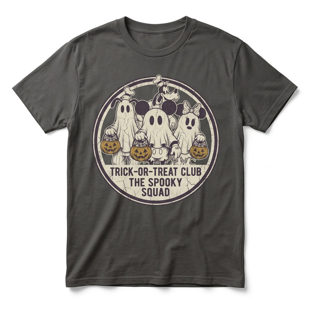 Vintage Retro Spooky Ghost Trick or Treat Cartoon Halloween Party Graphic Apparel for Couples Unisex TShirt