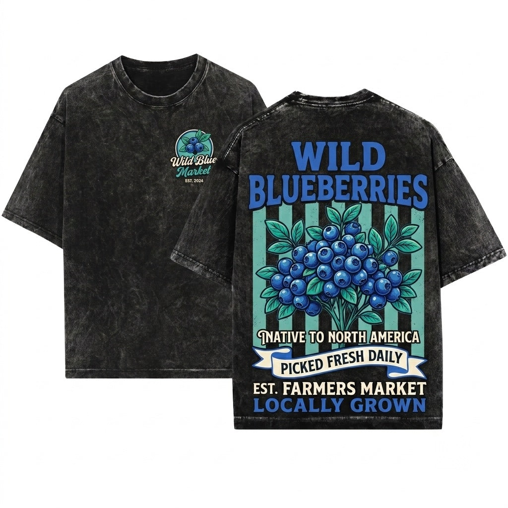 Retro Blueberries Farmers Market Fruit Graphic Unisex Wash T-Shirt