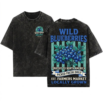 Retro Blueberries Farmers Market Fruit Graphic Unisex Wash T-Shirt