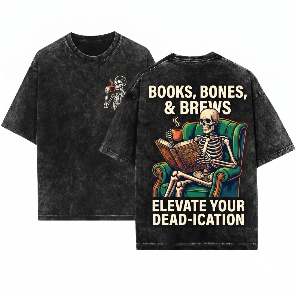 Embroidered Skeleton Reading Book Cozy Dark Academia Spooky Reader Unisex Wash T-Shirt