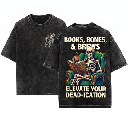 Embroidered Skeleton Reading Book Cozy Dark Academia Spooky Reader Unisex Wash T-Shirt