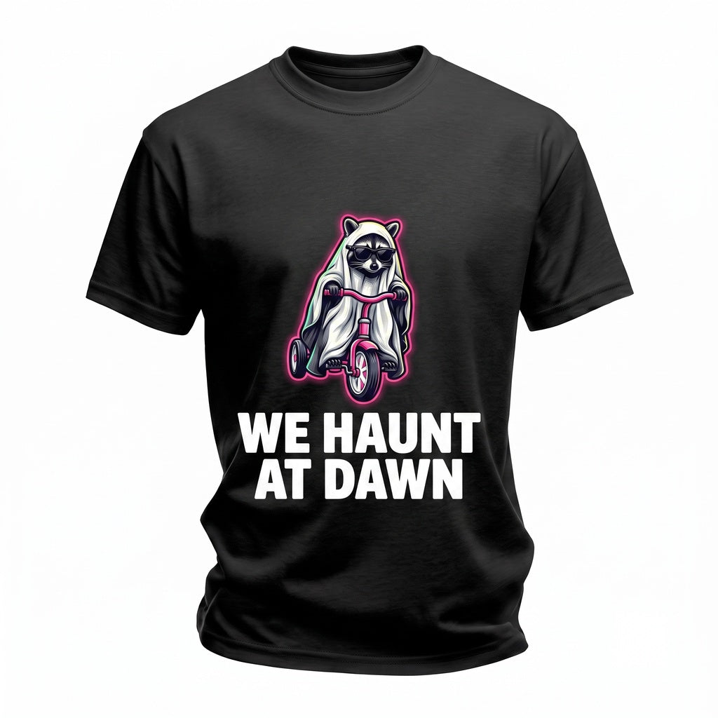 Funny Spooky Ghost Raccoon Riding Tricycle We Haunt At Dawn Graphic Unisex TShirt