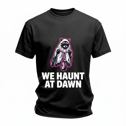 Funny Spooky Ghost Raccoon Riding Tricycle We Haunt At Dawn Graphic Unisex TShirt