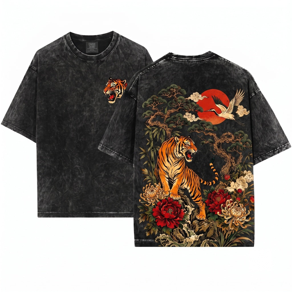 Vintage Japanese Tiger Graphic Floral Asian Art Samurai Nature Style Gift Unisex Wash T-Shirt
