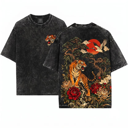Vintage Japanese Tiger Graphic Floral Asian Art Samurai Nature Style Gift Unisex Wash T-Shirt