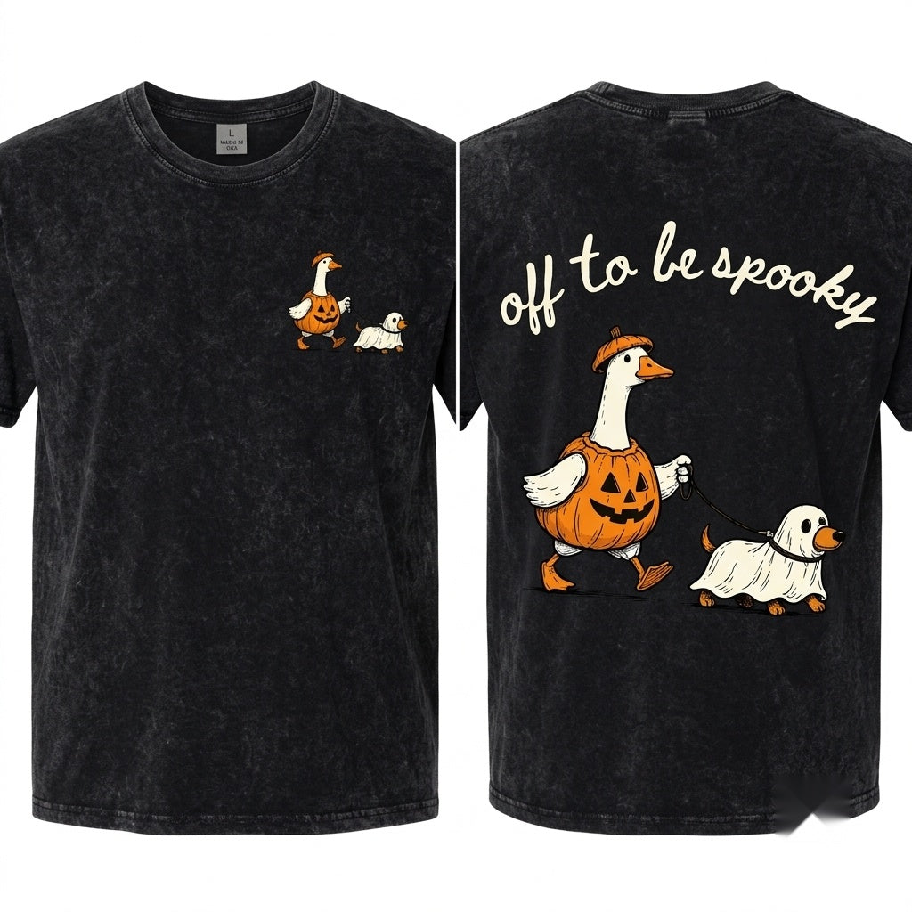 Funny Spooky Goose Walking Ghost Dog Cute Pumpkin Fall Halloween Graphic Season Unisex Wash T-Shirt