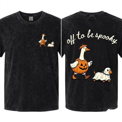 Funny Spooky Goose Walking Ghost Dog Cute Pumpkin Fall Halloween Graphic Season Unisex Wash T-Shirt