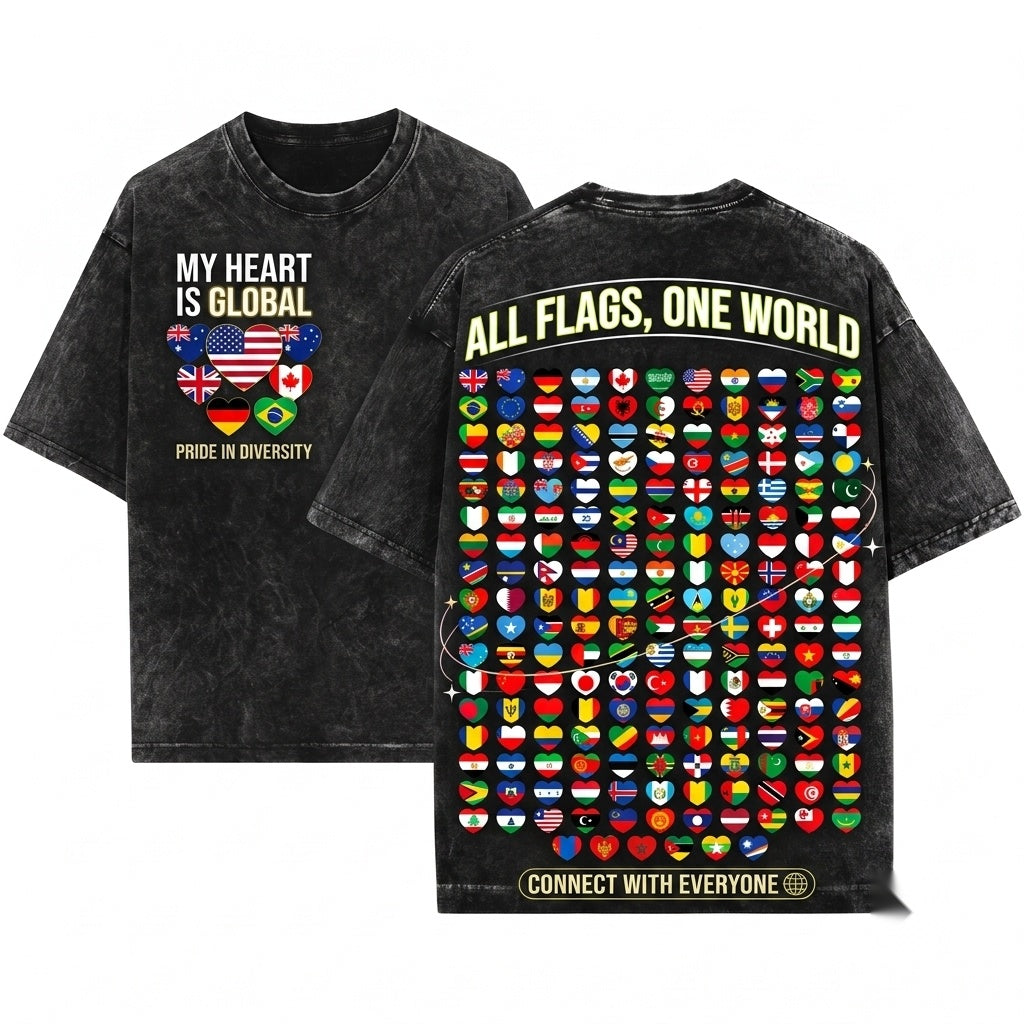 Heart Flags All Countries World International Unity Peace Cultural Pride Global Travel Gift Graphic Unisex Wash T-Shirt
