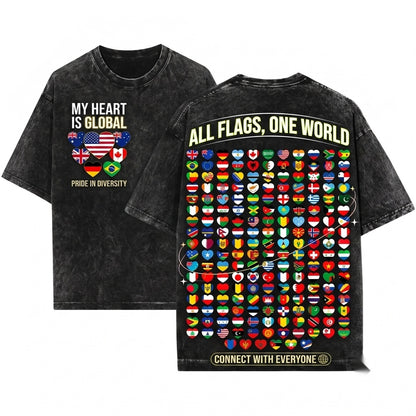 Heart Flags All Countries World International Unity Peace Cultural Pride Global Travel Gift Graphic Unisex Wash T-Shirt