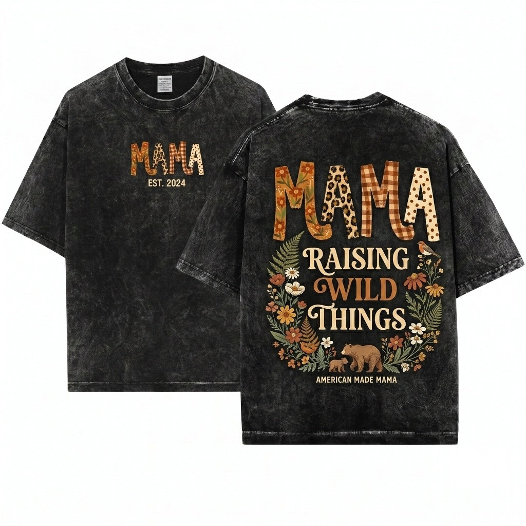 Vintage Floral Leopard Gingham Dot Retro Autumn Fall Thanksgiving Mama Mom Graphic Unisex Wash T-Shirt