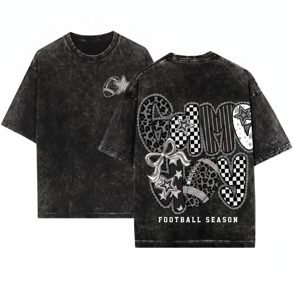 Preppy Leopard Checkered Star Game Day Football Season Black White Graphic Unisex Wash T-Shirt