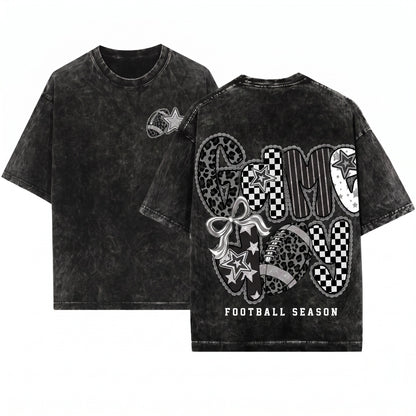 Preppy Leopard Checkered Star Game Day Football Season Black White Graphic Unisex Wash T-Shirt