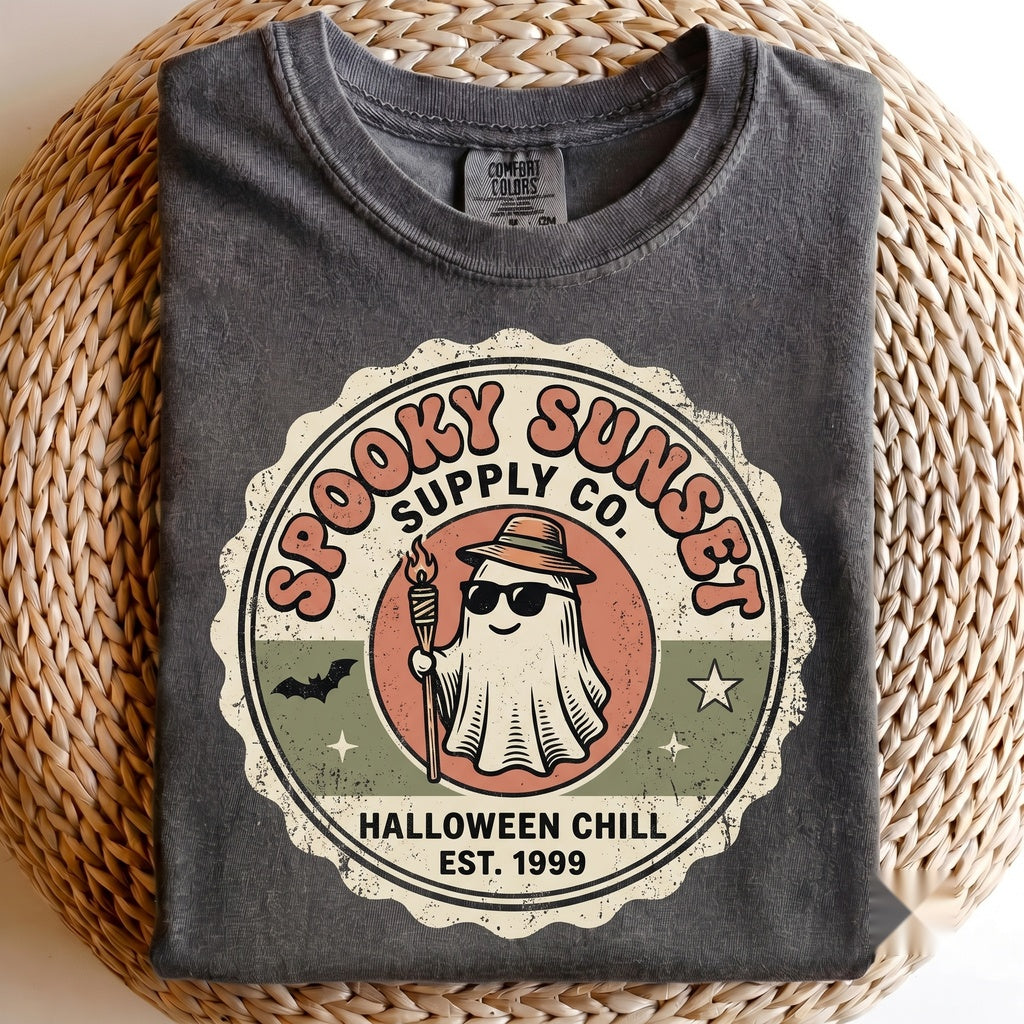 Spooky Sunset Halloween Vacation Skeleton Unicorn Float Ghost Watermelon Black Cat Flamingo Unisex TShirt