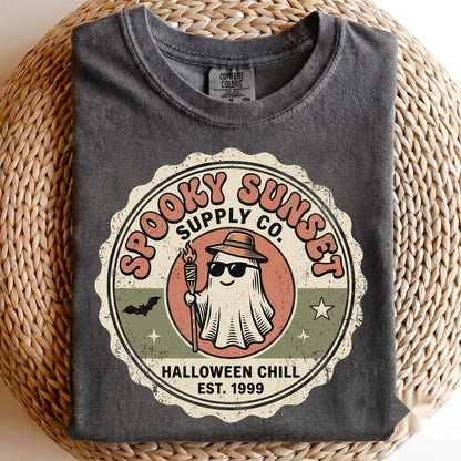 Spooky Sunset Halloween Vacation Skeleton Unicorn Float Ghost Watermelon Black Cat Flamingo Unisex TShirt