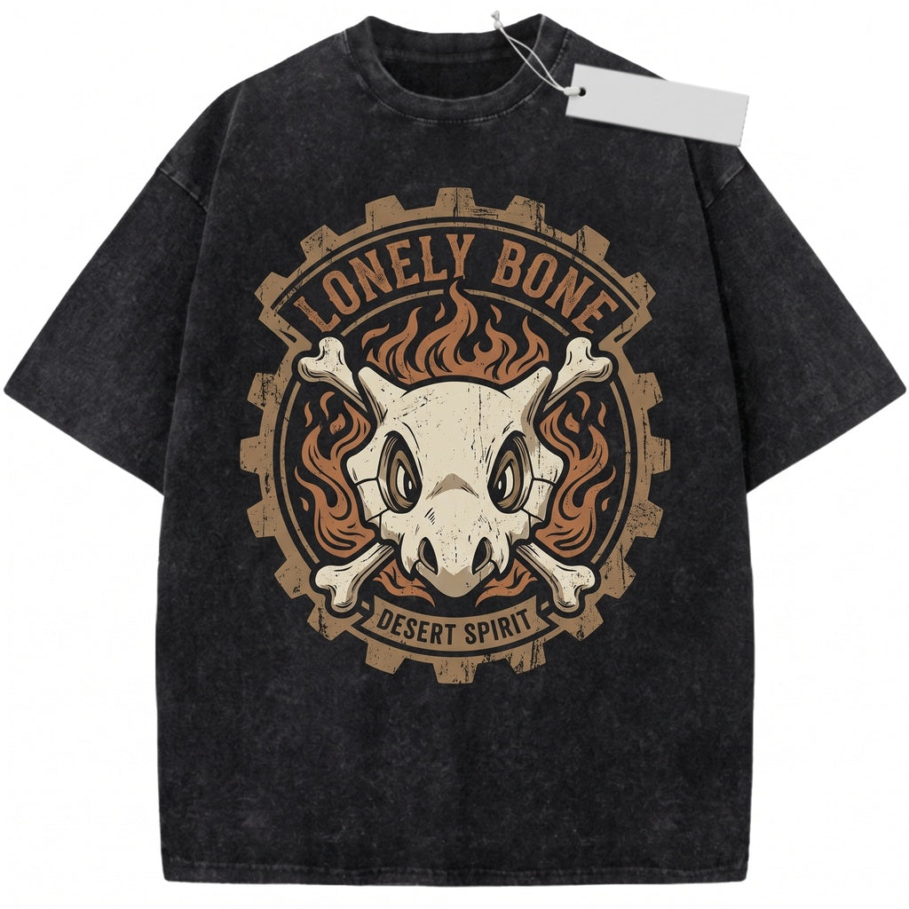 Cubone Vintage Wash Fire Skull Anime Graphic Retro Japanese Style Oversized Streetwear Gamer Gift Unisex TShirt