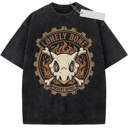 Cubone Vintage Wash Fire Skull Anime Graphic Retro Japanese Style Oversized Streetwear Gamer Gift Unisex TShirt