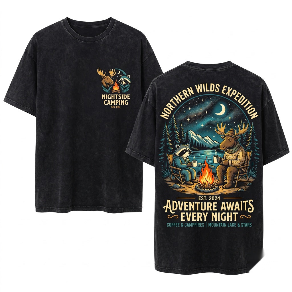 Vintage Wildlife Moose Raccoon Campfire Outdoor Cozy Nature Adventure Graphic Gift Unisex Wash T-Shirt