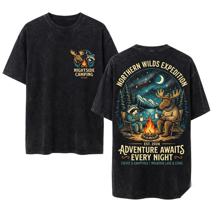 Vintage Wildlife Moose Raccoon Campfire Outdoor Cozy Nature Adventure Graphic Gift Unisex Wash T-Shirt