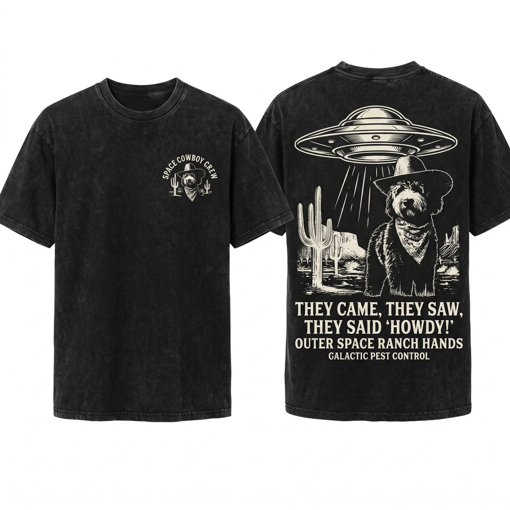 Vintage Bernedoodle UFO Western Cowboy Retro Alien Dog Gift Doodle Mom Dad Lovers Unisex Wash T-Shirt