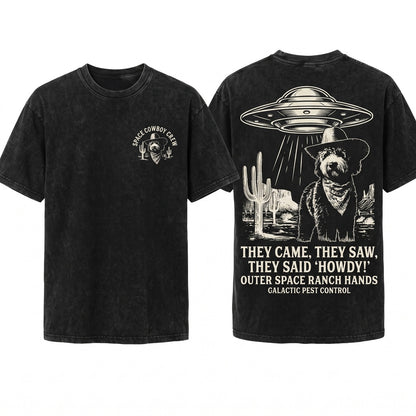 Vintage Bernedoodle UFO Western Cowboy Retro Alien Dog Gift Doodle Mom Dad Lovers Unisex Wash T-Shirt
