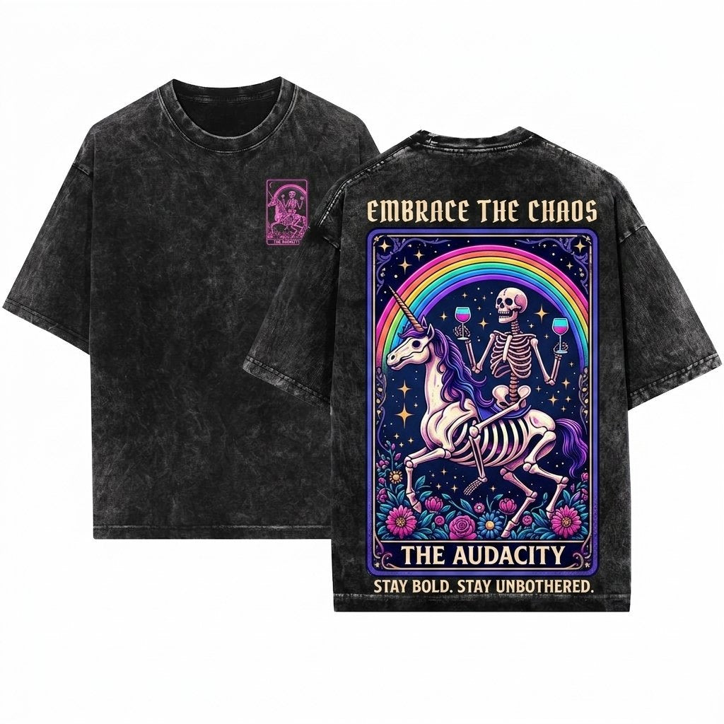 The Audacity Mystical Tarot Skeleton Boho Grunge Witchy Graphic Unisex Wash T-Shirt