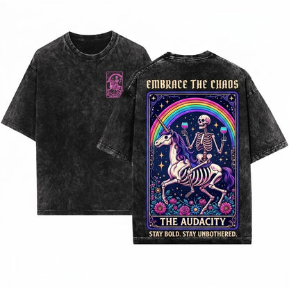 The Audacity Mystical Tarot Skeleton Boho Grunge Witchy Graphic Unisex Wash T-Shirt