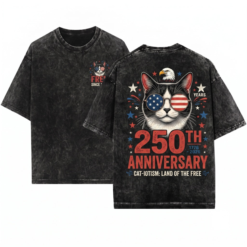 250th Anniversary America USA Flag Sunglasses Cat Patriotic July 4th Gift Unisex Wash T-Shirt