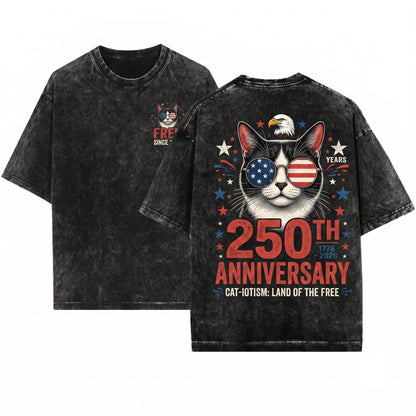 250th Anniversary America USA Flag Sunglasses Cat Patriotic July 4th Gift Unisex Wash T-Shirt