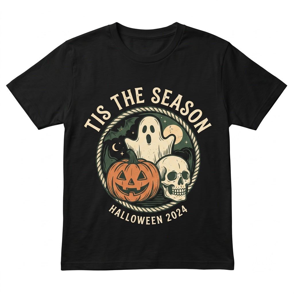 Tis the Season Vintage Halloween Skeleton Pumpkin Ghost Graphic Apparel Unisex TShirt