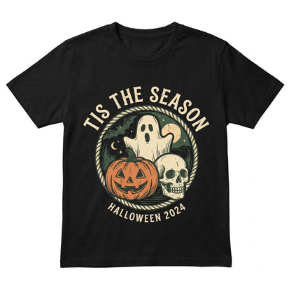 Tis the Season Vintage Halloween Skeleton Pumpkin Ghost Graphic Apparel Unisex TShirt