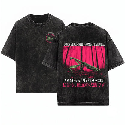 Vintage Japanese Praying Mantis I Draw Strength From My Failures Graphic Aesthetic Retro Unisex Wash T-Shirt