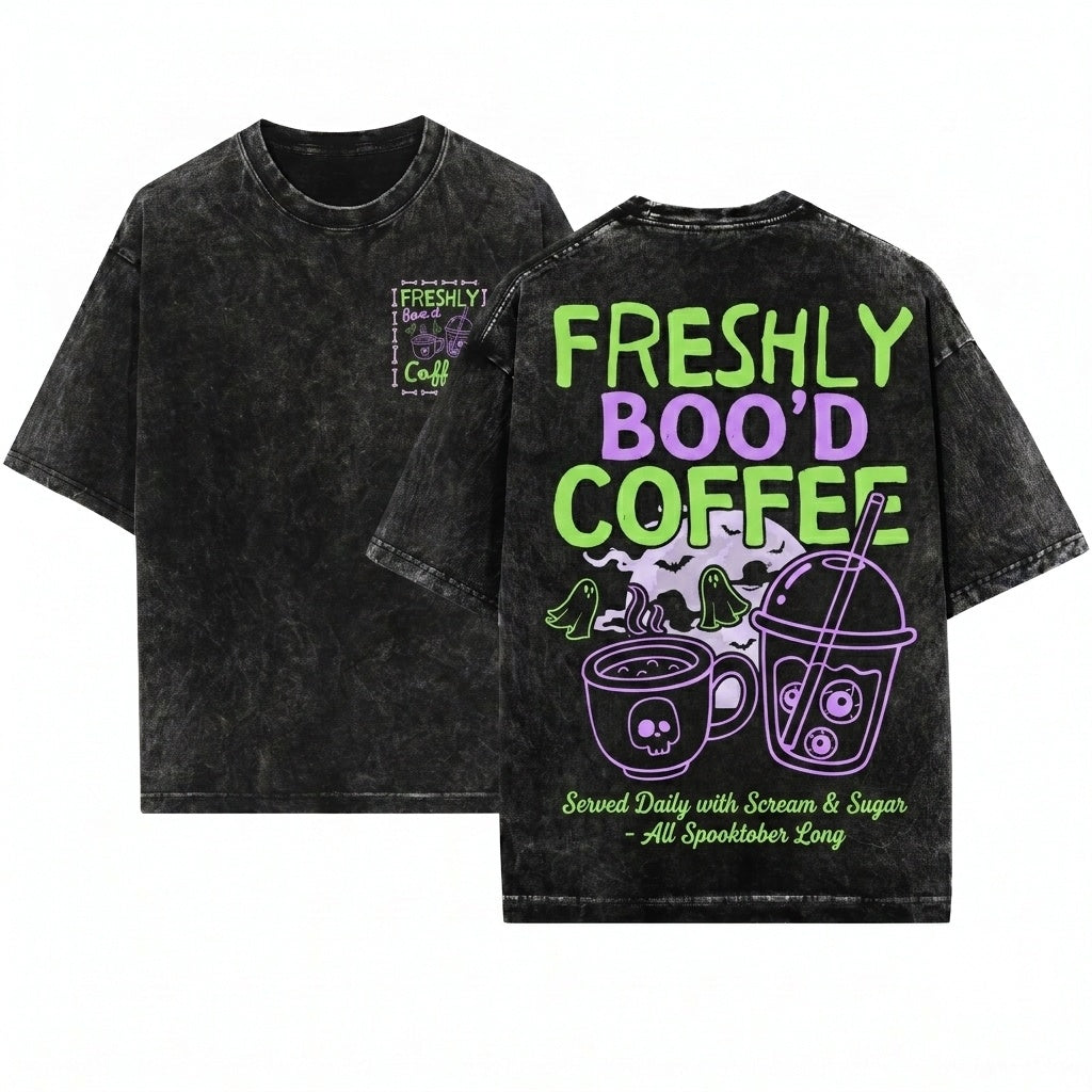 Cute Spooky Season Skeleton Ghost Pumpkin Spice Freshly Bood Halloween Coffee Lover Gift Unisex Wash T-Shirt