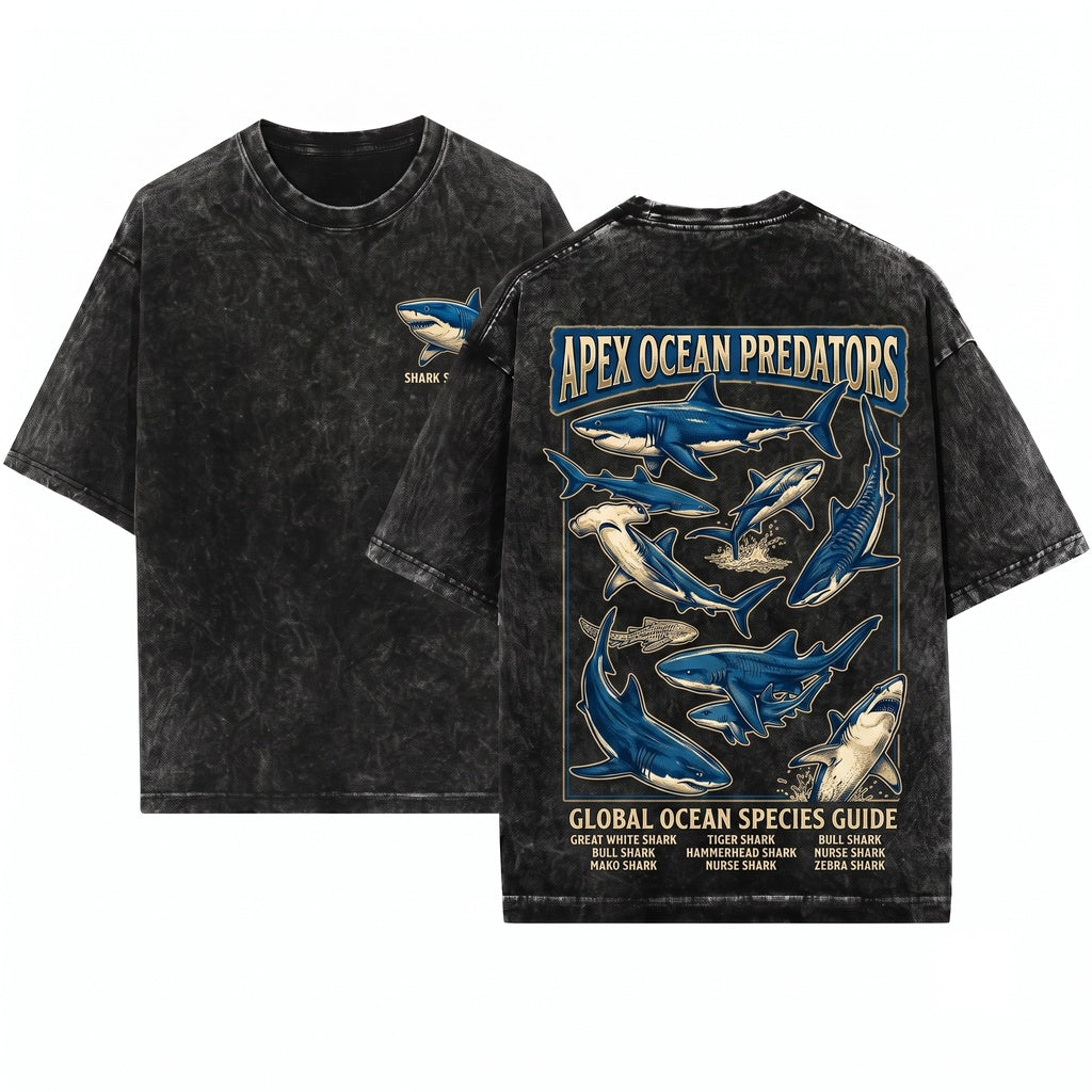 Vintage Shark Graphic Ocean Predator Marine Life Cool Sea Animal Aesthetic Top Gift Unisex Wash T-Shirt