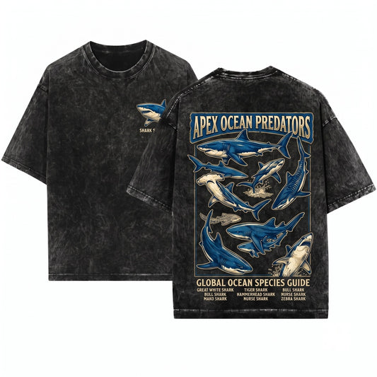 Vintage Shark Graphic Ocean Predator Marine Life Cool Sea Animal Aesthetic Top Gift Unisex Wash T-Shirt